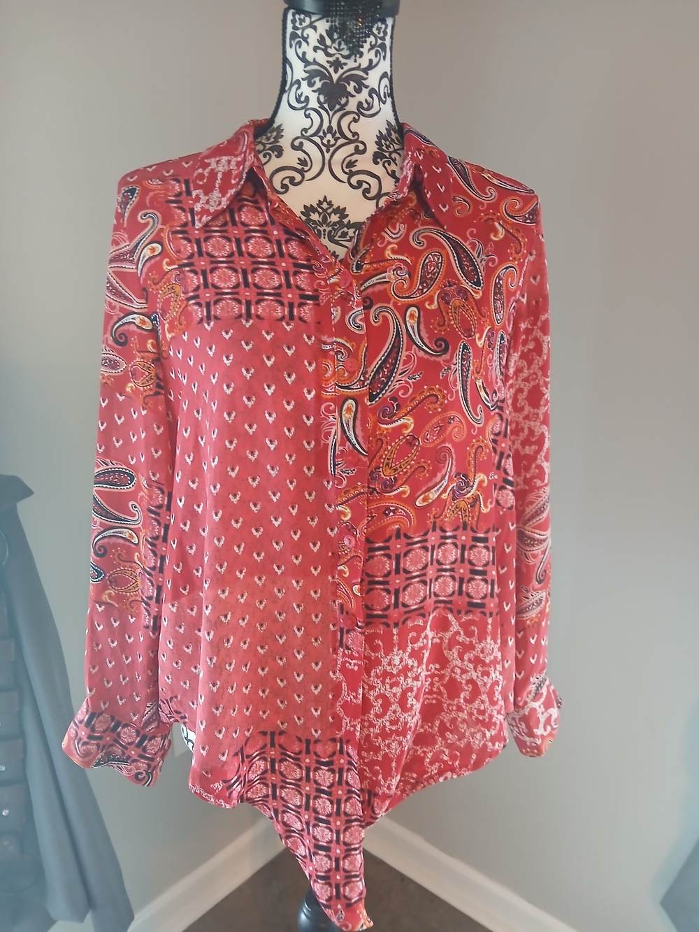 Allison Daley Red Paisley Patchwork Button-Front Blouse